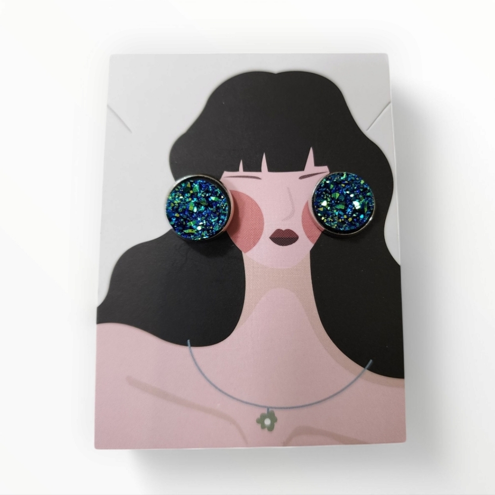 Iridescent Blue Faux Druzy Stud Earrings Silver Tone Round Post Mermaidcore